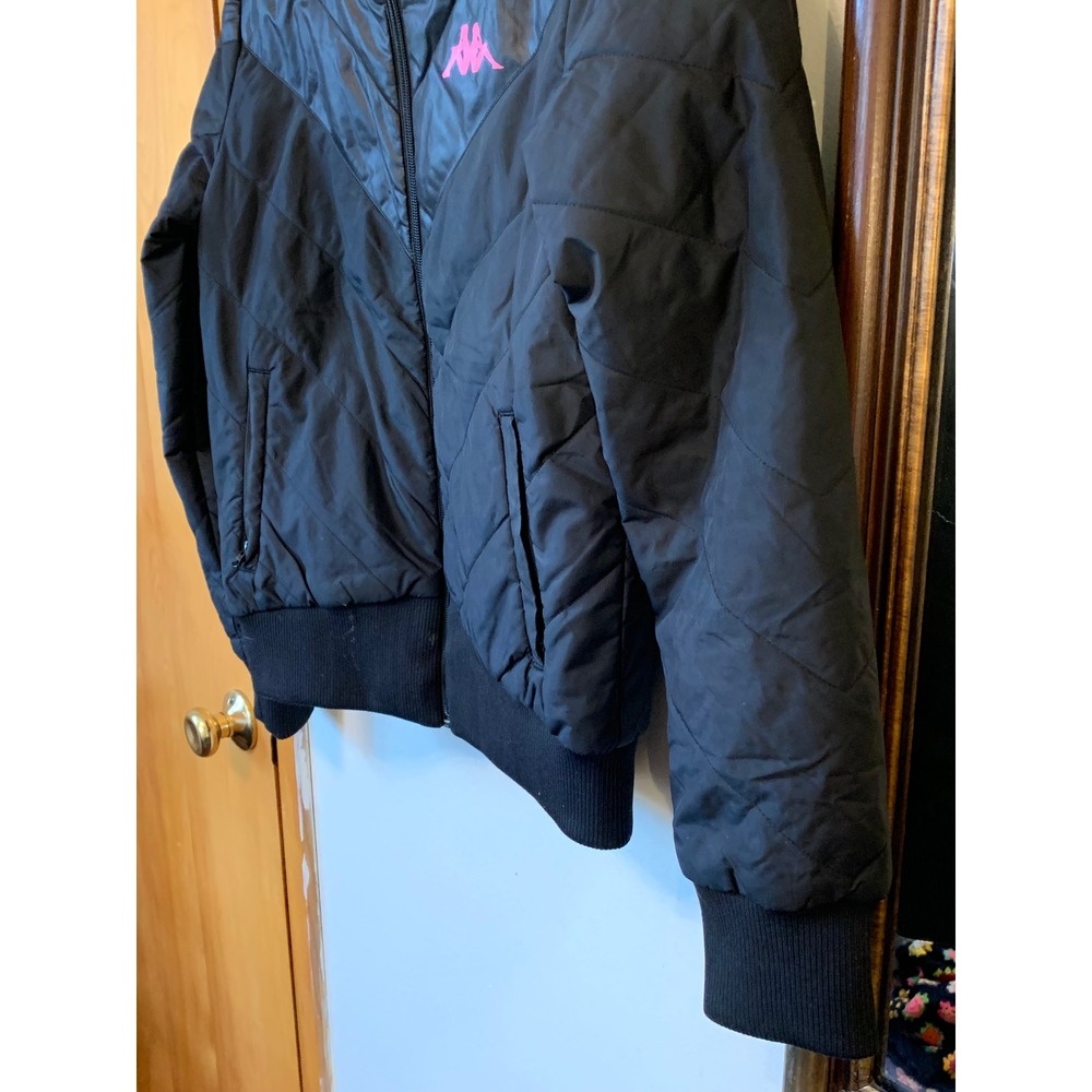 Kappa Womens Black Quilted Puffer Jacket Pink Logo Full Zip Bomber Medium - Picture 3 of 7